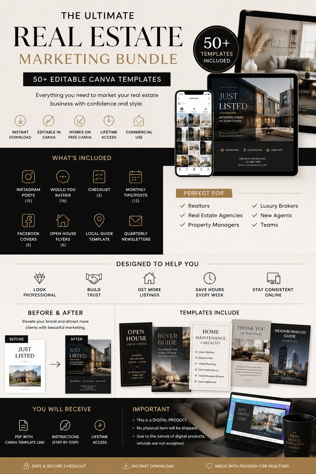 Luxury Real Estate Canva Bundle 50+ Editable Templates for Realtors