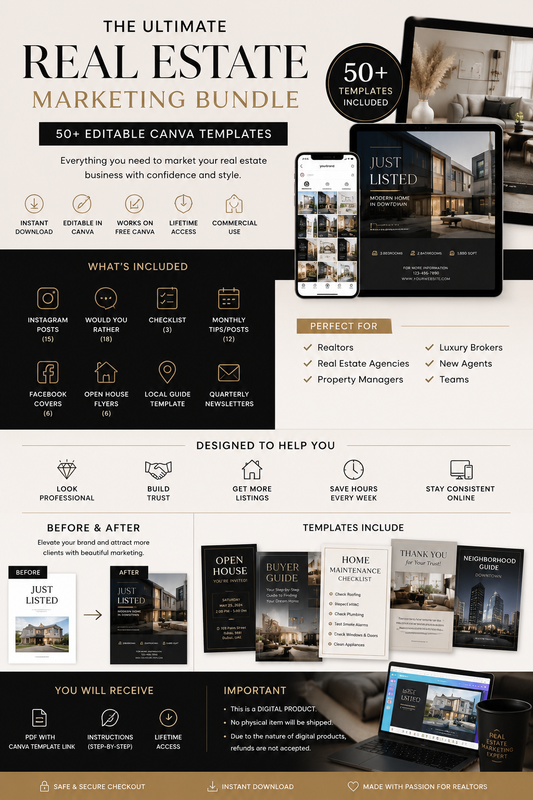 Luxury Real Estate Canva Bundle 50+ Editable Templates for Realtors